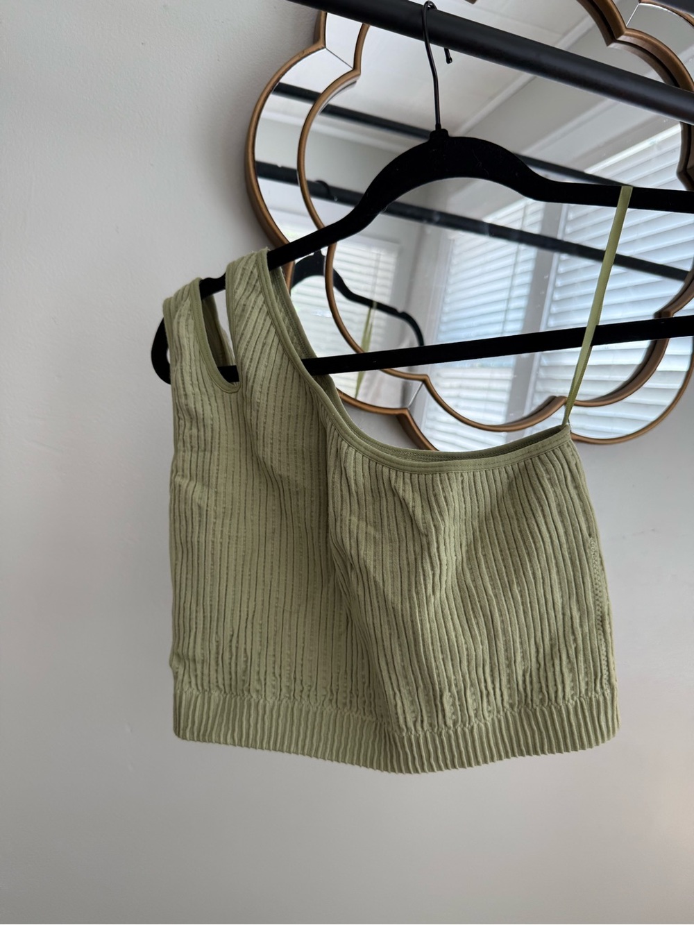 Mono B Ribbed Asymmetric One-Shoulder Crop Top in Sage